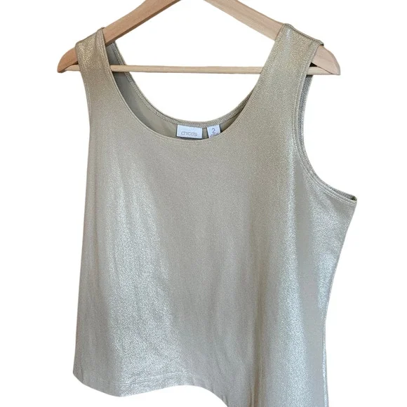 Chico’s Women’s Tank Top Metallic Shimmer Stretch Shell Gold Size 2 Large - Picture 2 of 5